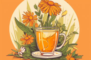 arnica tea in a glass cup with arnica plant