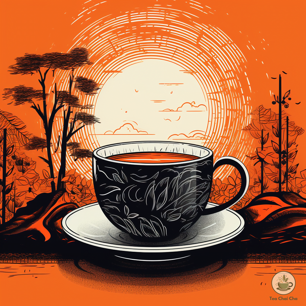 black tea in a black cup with scenery in picture