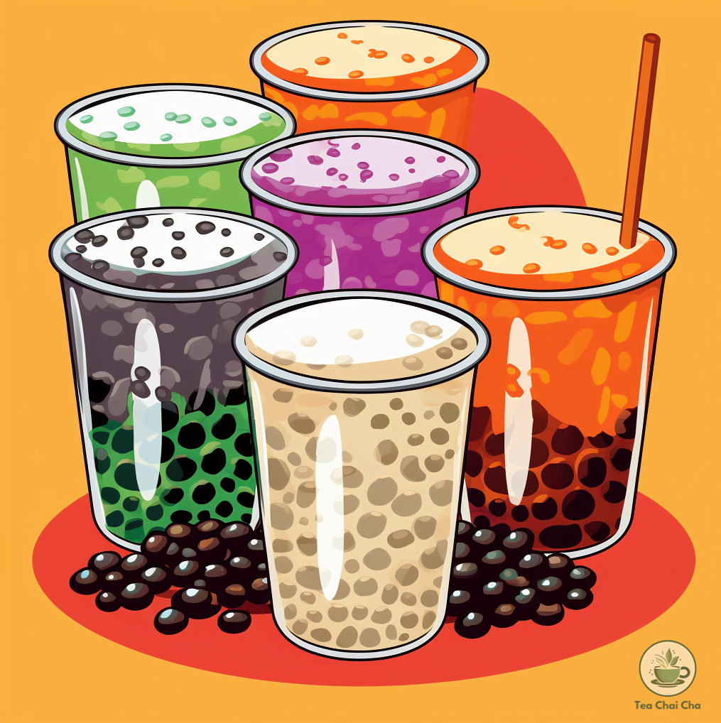 different flavors of boba tea in six glasses