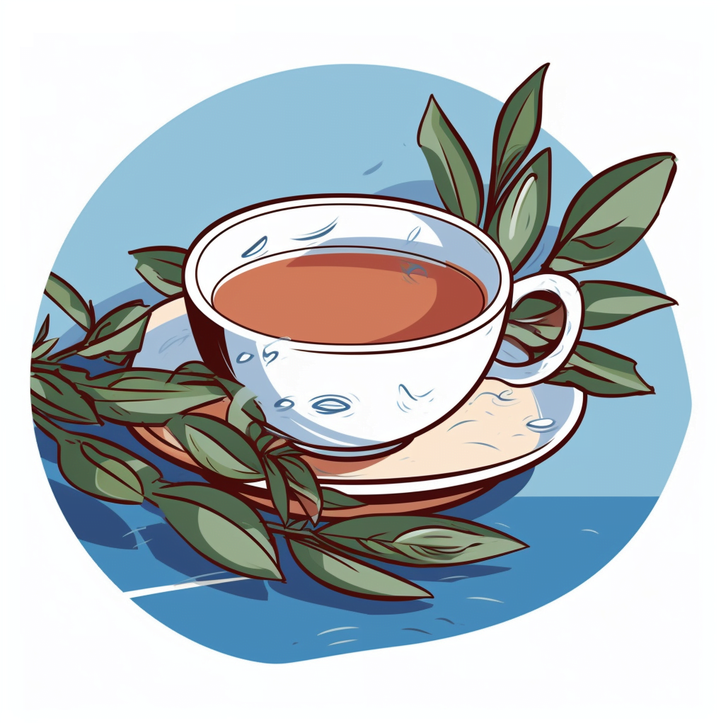 an illustration of chai tea in a white cup placed in a small plate with leaves around