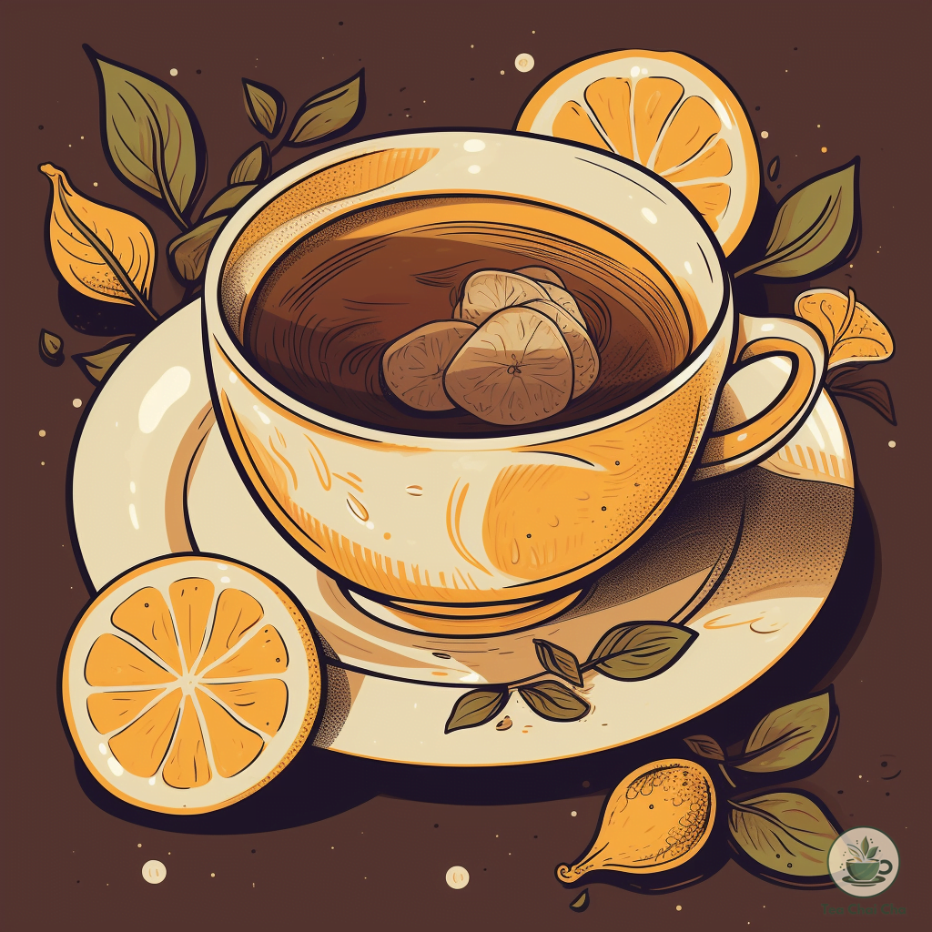 illustration of puerh tea from chinese tea producing regions in a tea cup with lemon