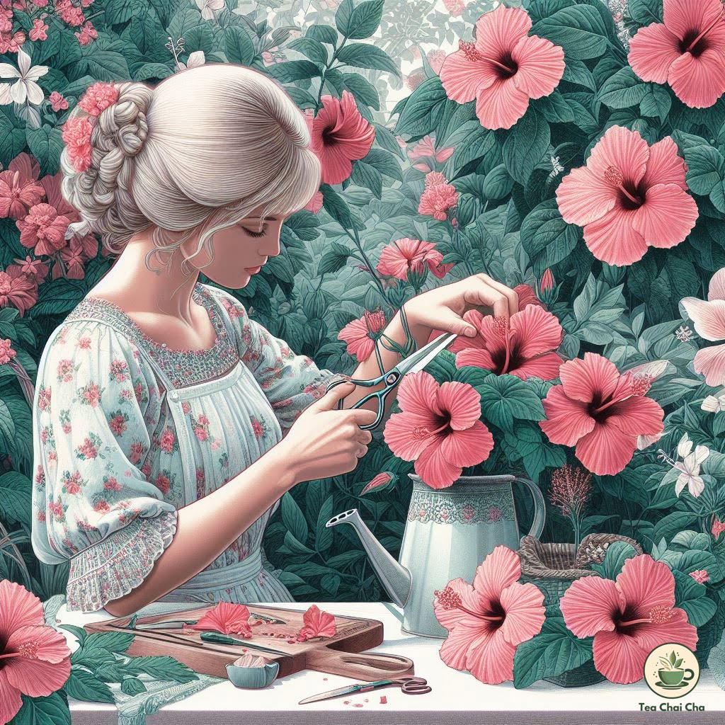 a girl cutting hibiscus flowers