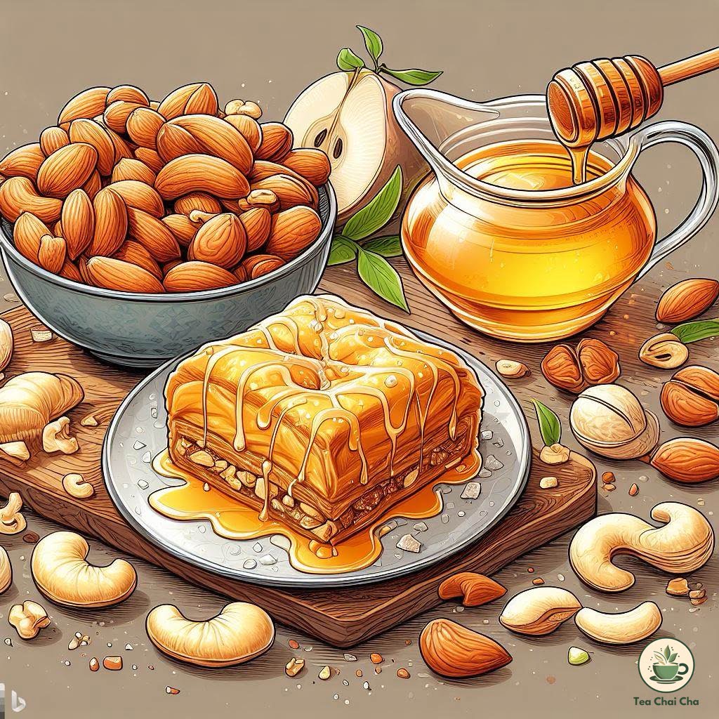 almonds, cashews, and honey-drizzled baklava