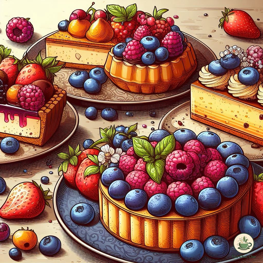 berry-flavored tarts, cakes, salad