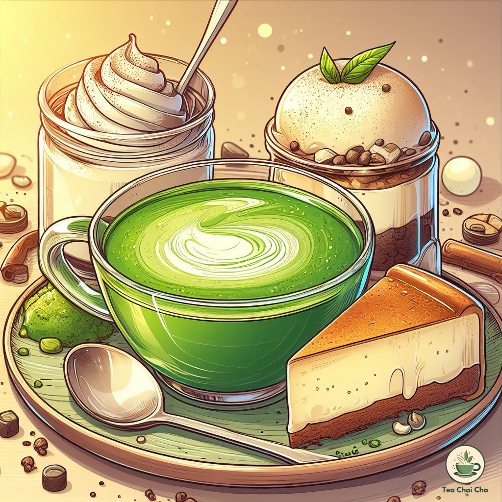 matcha tea with creamy desserts