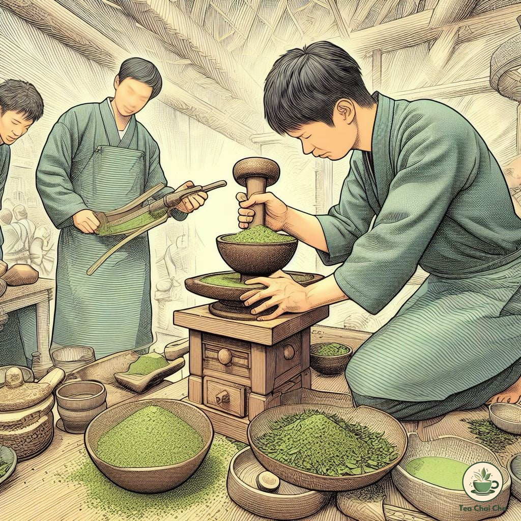 people grinding matcha whole leaf in stone mill