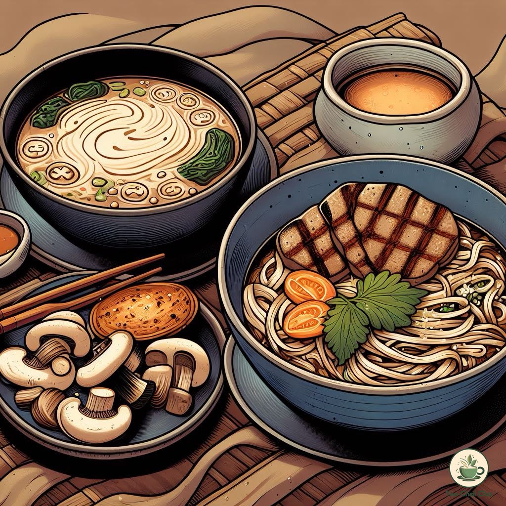 miso soup, grilled mushrooms, and ramen