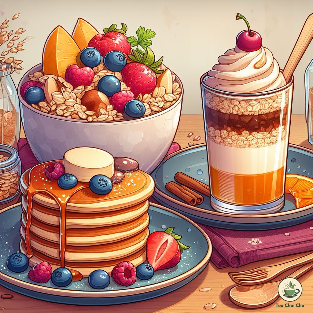 oatmeal, pancakes, fruit parfait