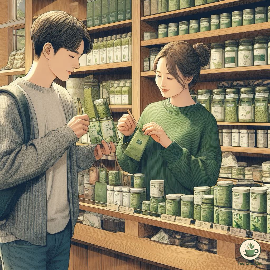 people buying matcha green tea powder in store