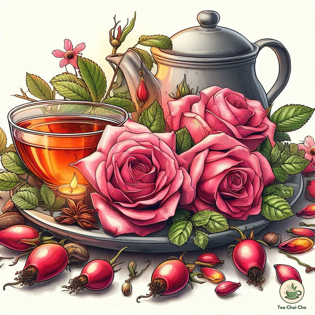 rose tea using rose petals, rose buds, rosehips