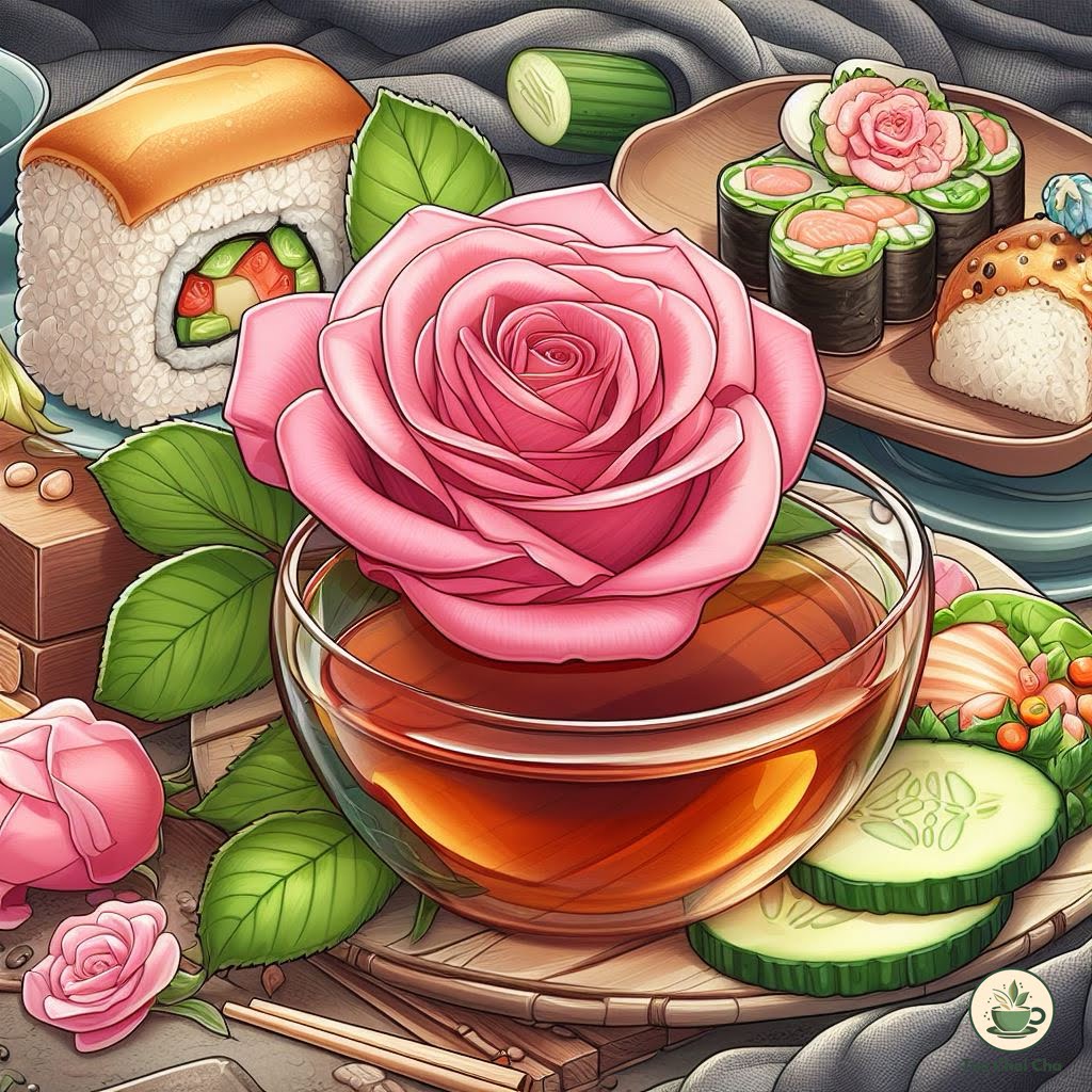 rose tea with sushi and sandwiches