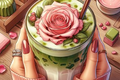 iced matcha rose latte in glass a woman is holding