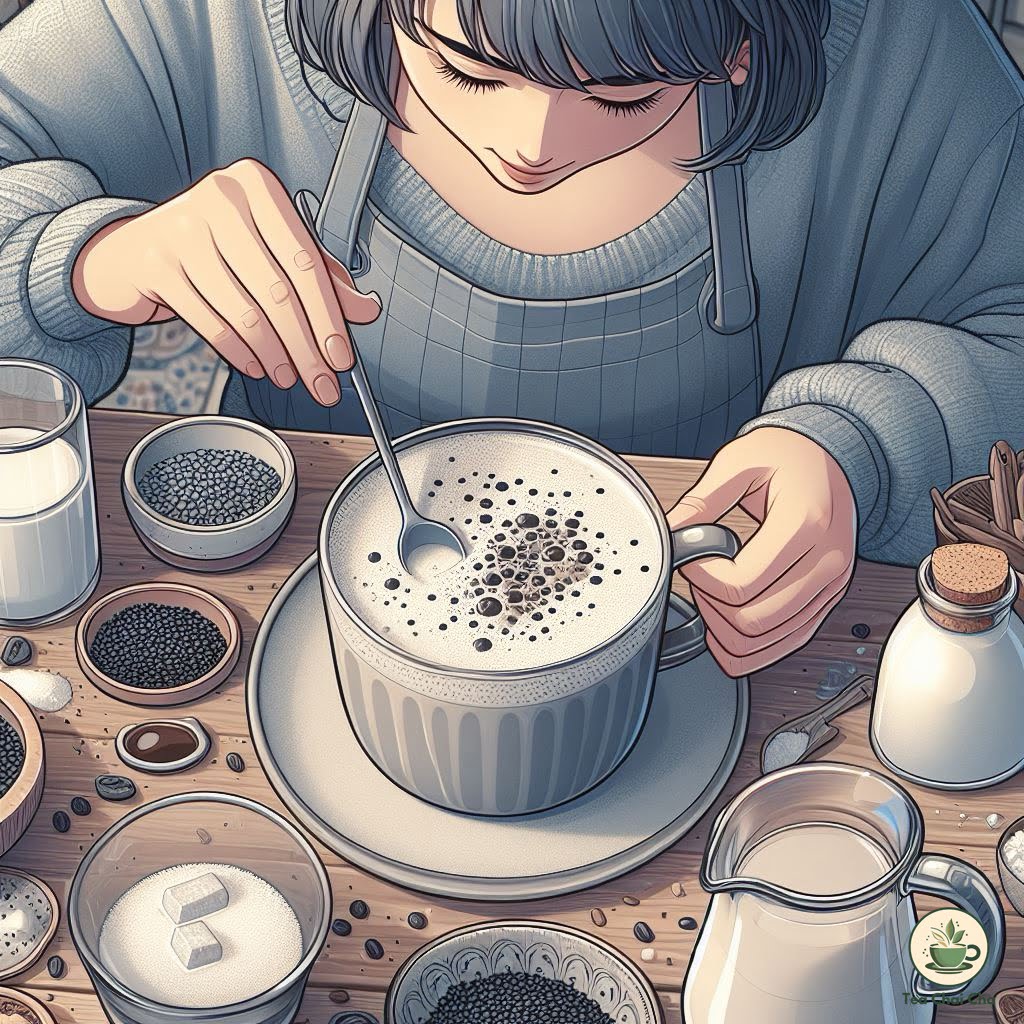 woman making black sesame latte