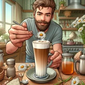 man making chamomile tea latte