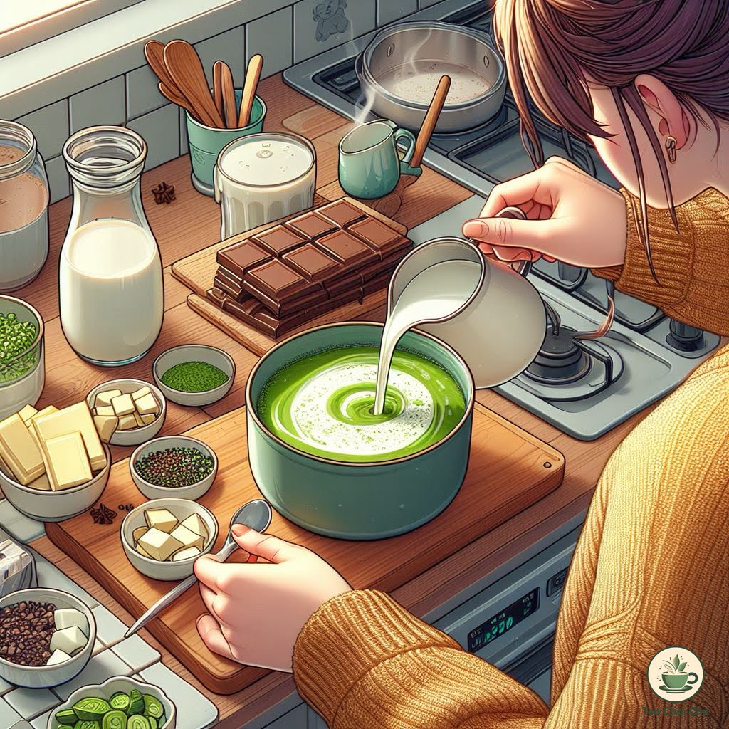 woman making matcha white hot choco