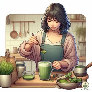 a girl adding honey in matcha latte