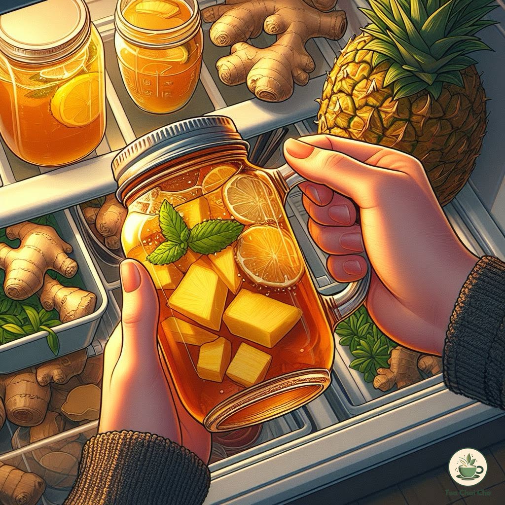 storing pineapple ginger iced tea in fridge