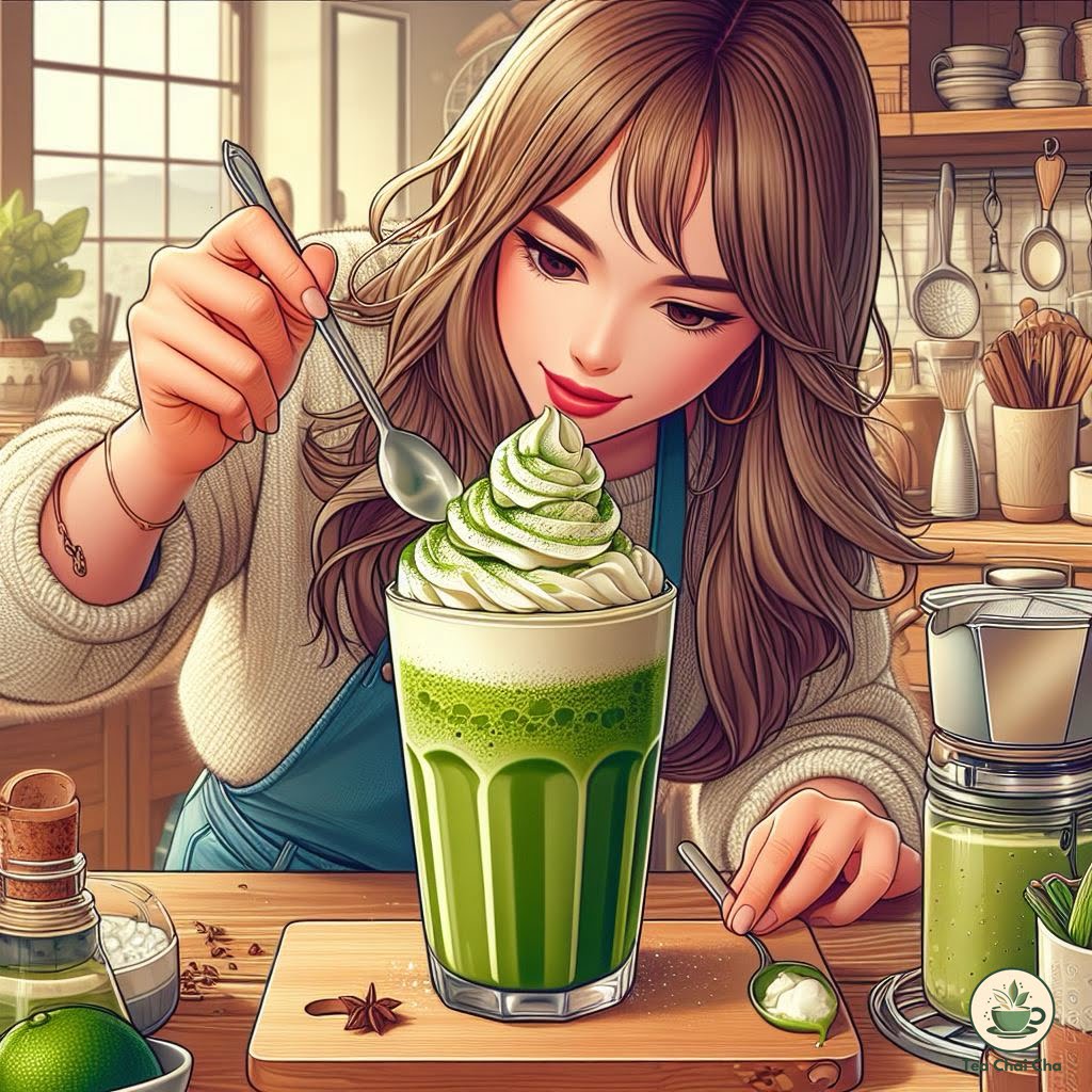 woman making matcha frappuccino in kitchen