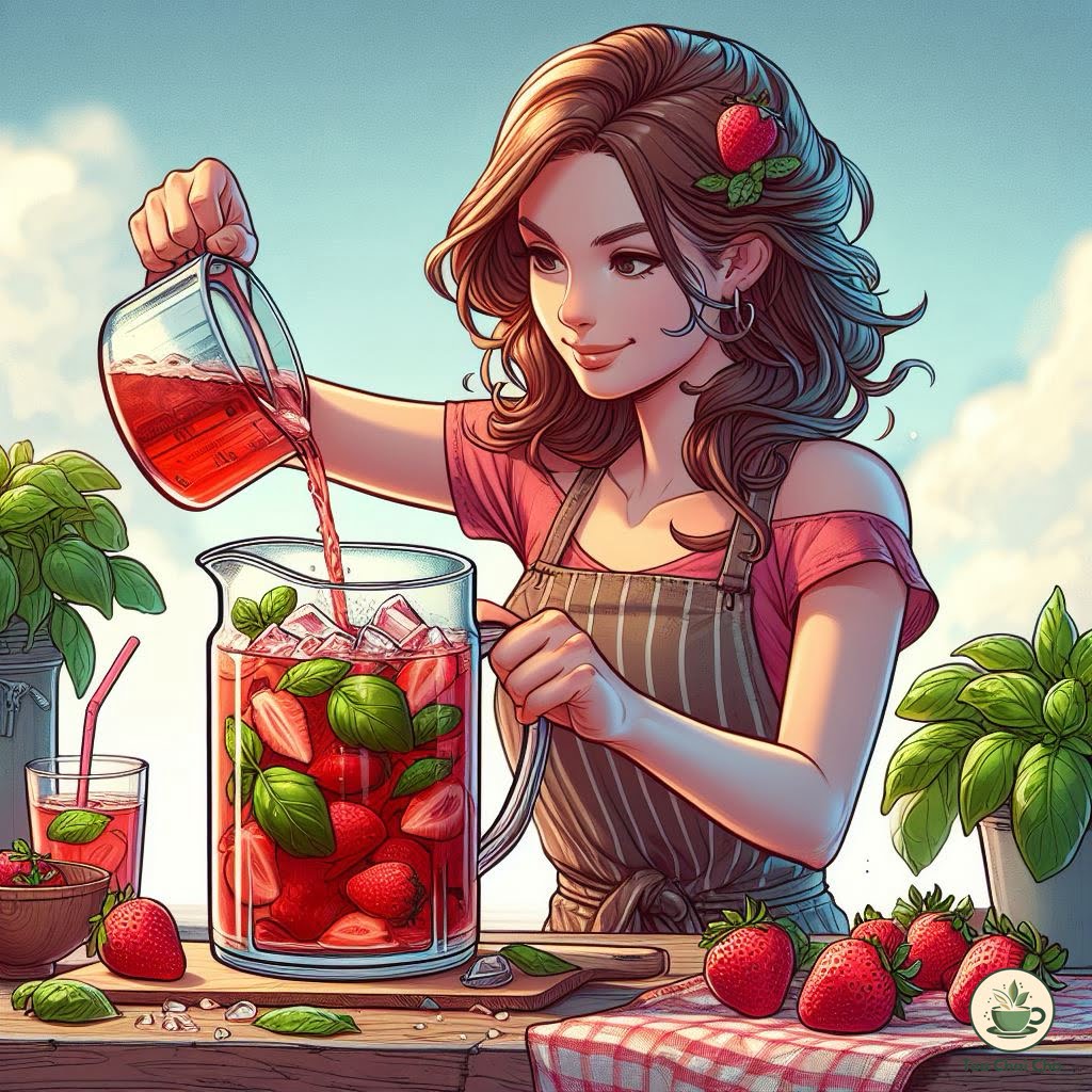 a girl making strawberry basil iced tea