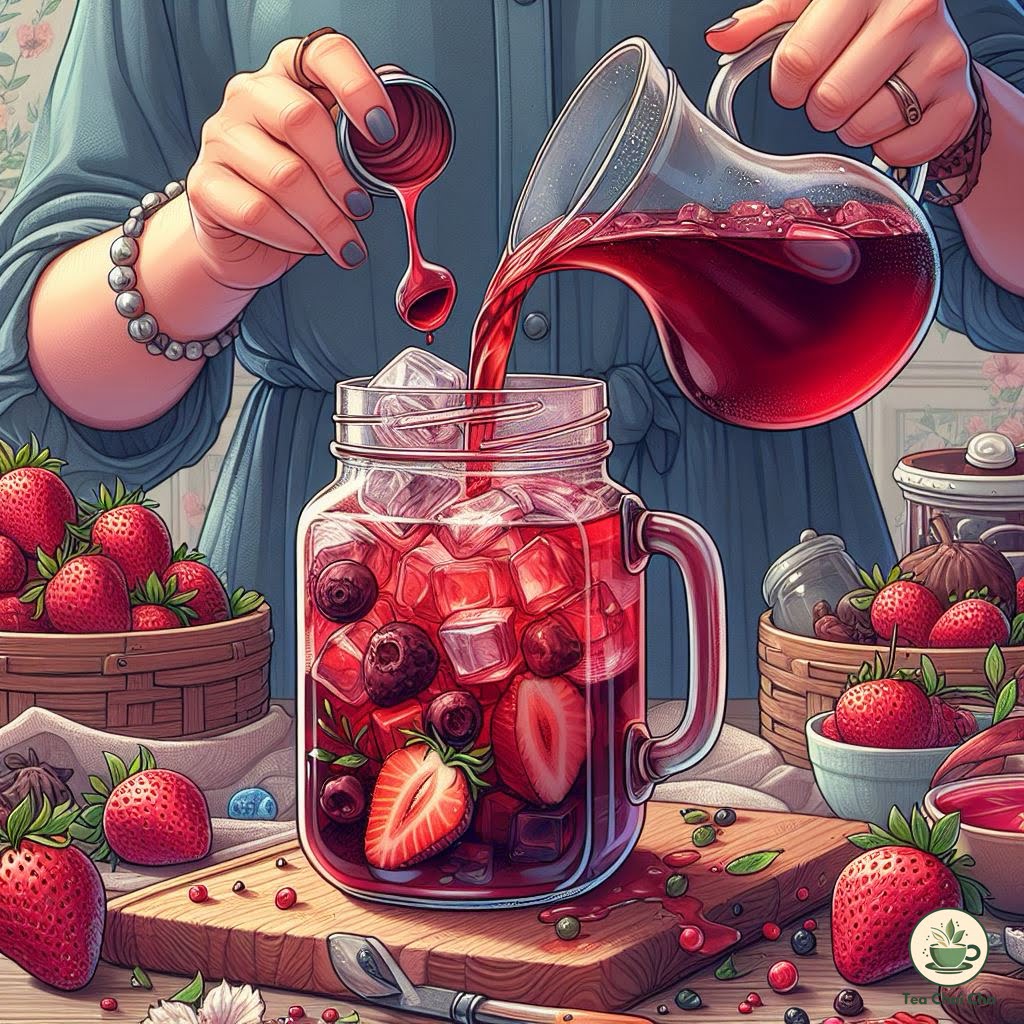 pouring strawberry syrup in hibiscus iced tea in glass